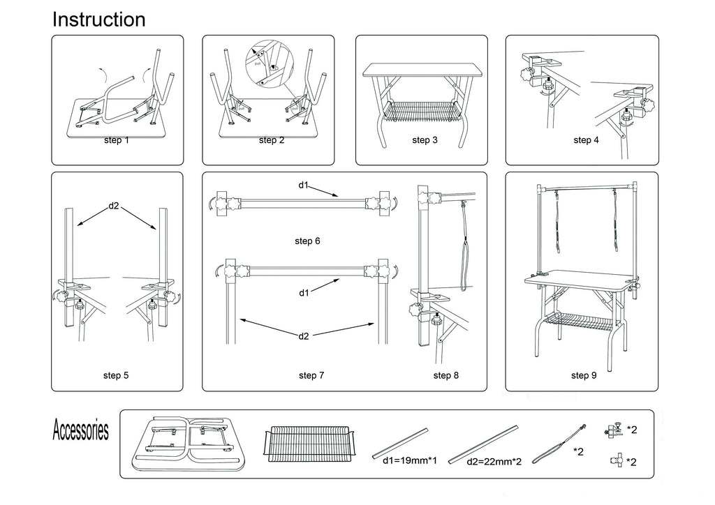 36 inch folding pet grooming table with stainless steel frame and rubber pad, equipped with adjustable armrests and clips (pink)