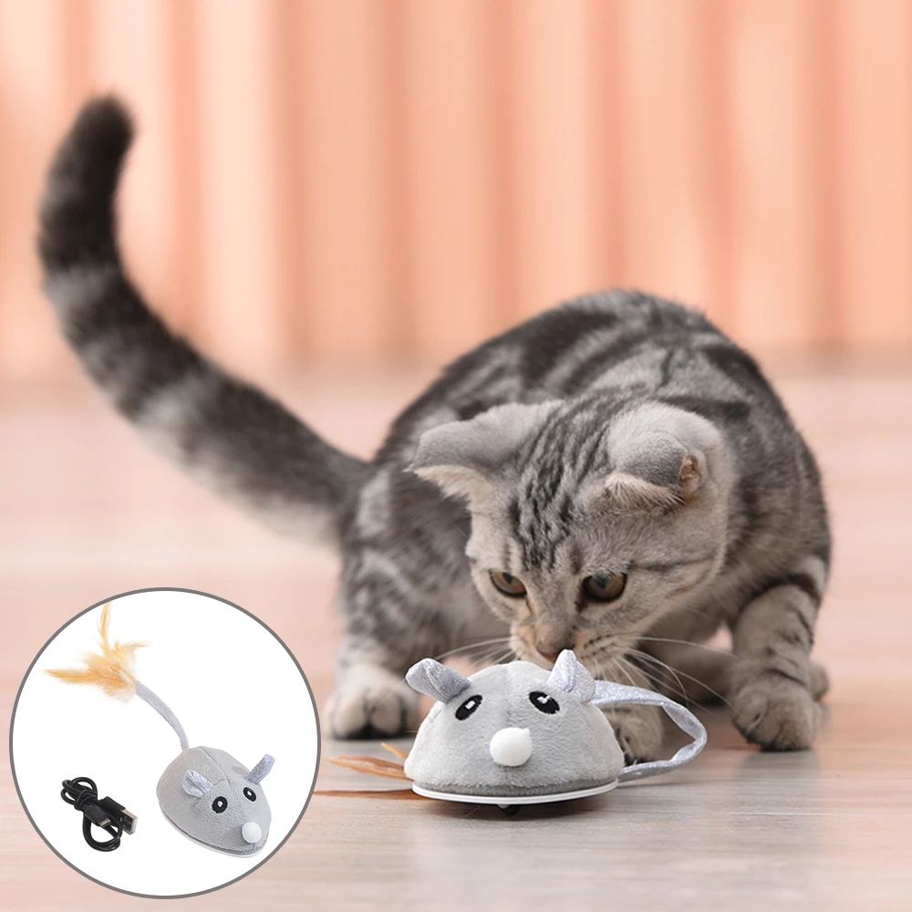 Electric Mouse Pet Cat Toy USB Rechargeable Flocking Mouse Cat Feather Cat Stick