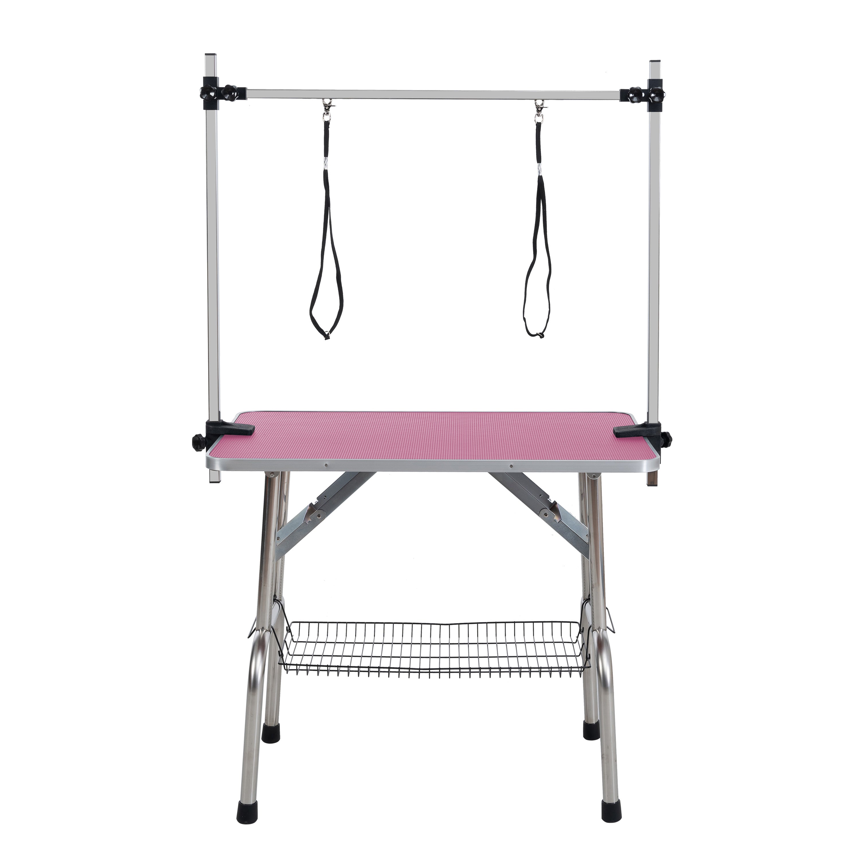 36 inch folding pet grooming table with stainless steel frame and rubber pad, equipped with adjustable armrests and clips (pink)